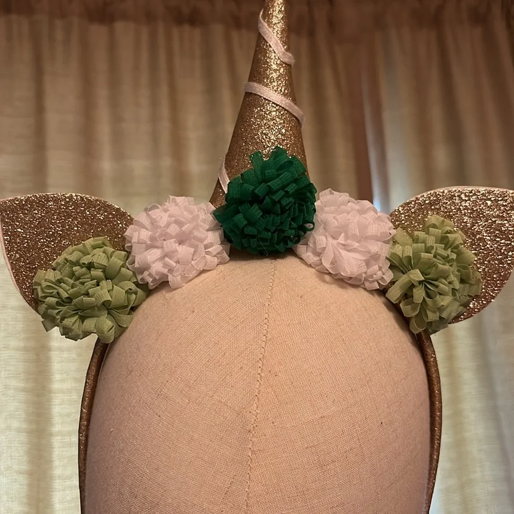 Gold Glitter Unicorn Headband With Green and White Pom Poms